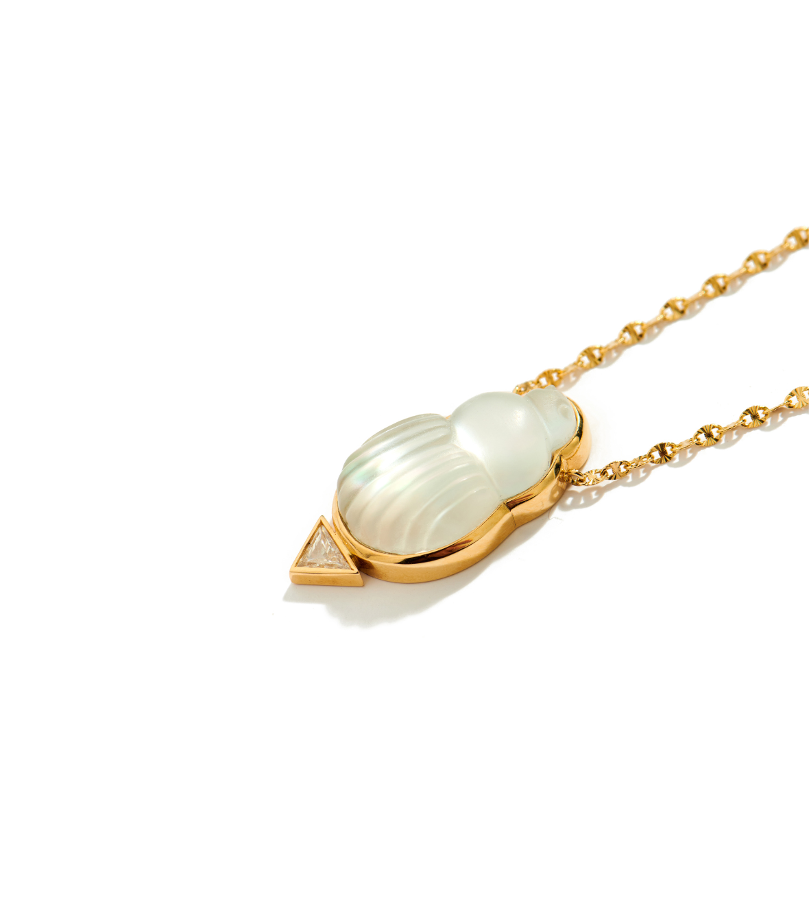 14K Yellow Gold "Chiara" Necklace With A Small Mother Of Pearl Scarab And A White Fancy Cut Diamond